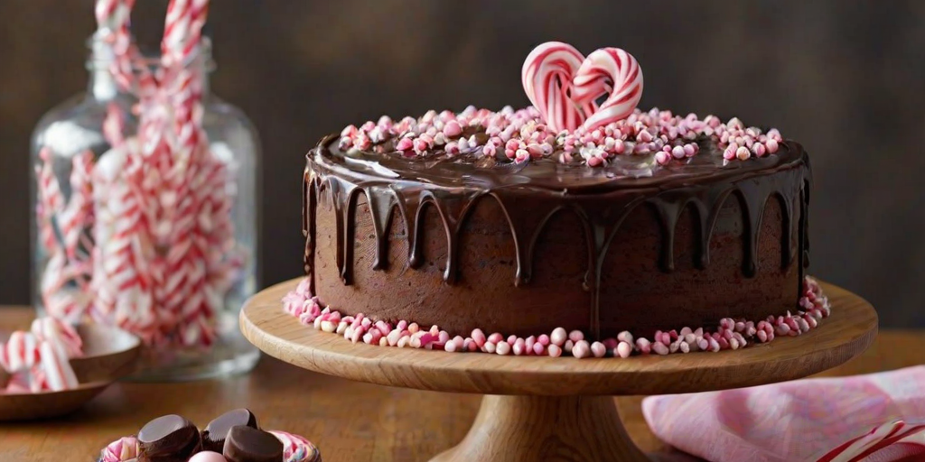 Generate an image of a cake with a layered structure. The top layer should be a smooth chocolate frosting, while the middle layer is a fluffy pink filling. The bottom layer is a rich dark chocolate cake, and the cake is presented on a wooden cake stand. Surround the cake with scattered peppermint candies for a festive touch.
