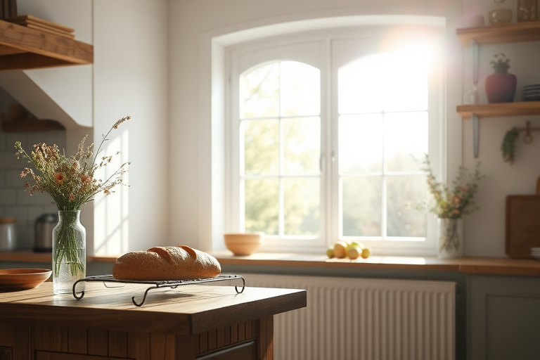 Clear, soft morning light streaming through a large bay window in a rustic kitchen, a fresh loaf of bread cooling on the countertop, wildflowers in a vase nearby, soft shadows from the trees outside dancing on the wooden floor, the faint smell of fresh herbs lingering in the air.
