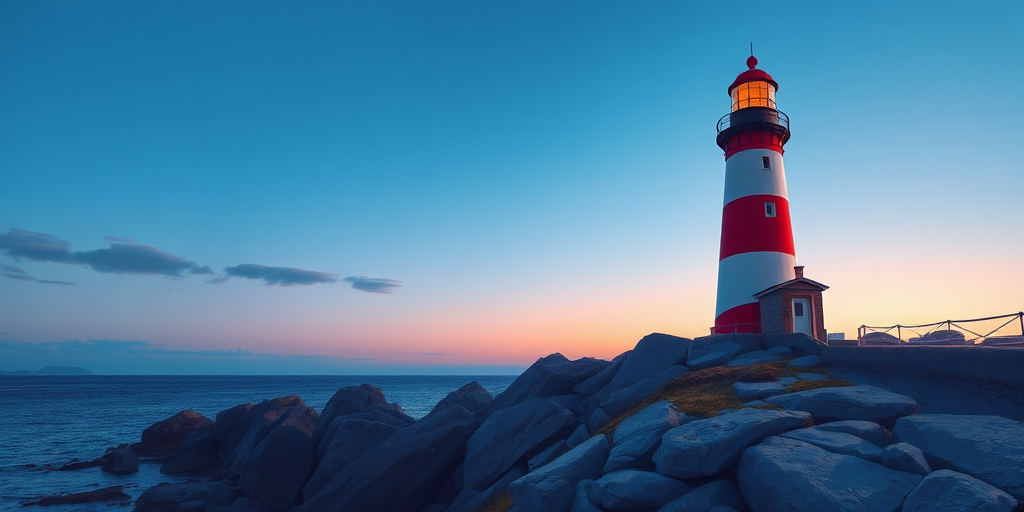 Create a high-resolution illustration of a stylized lighthouse with red and white stripes on a rocky outcrop at dusk, with a clear blue sky and subtle cloud patterns, using a 50mm lens, f/1.8 aperture, ISO 100, and a soft focus effect to enhance the calmness of the scene.