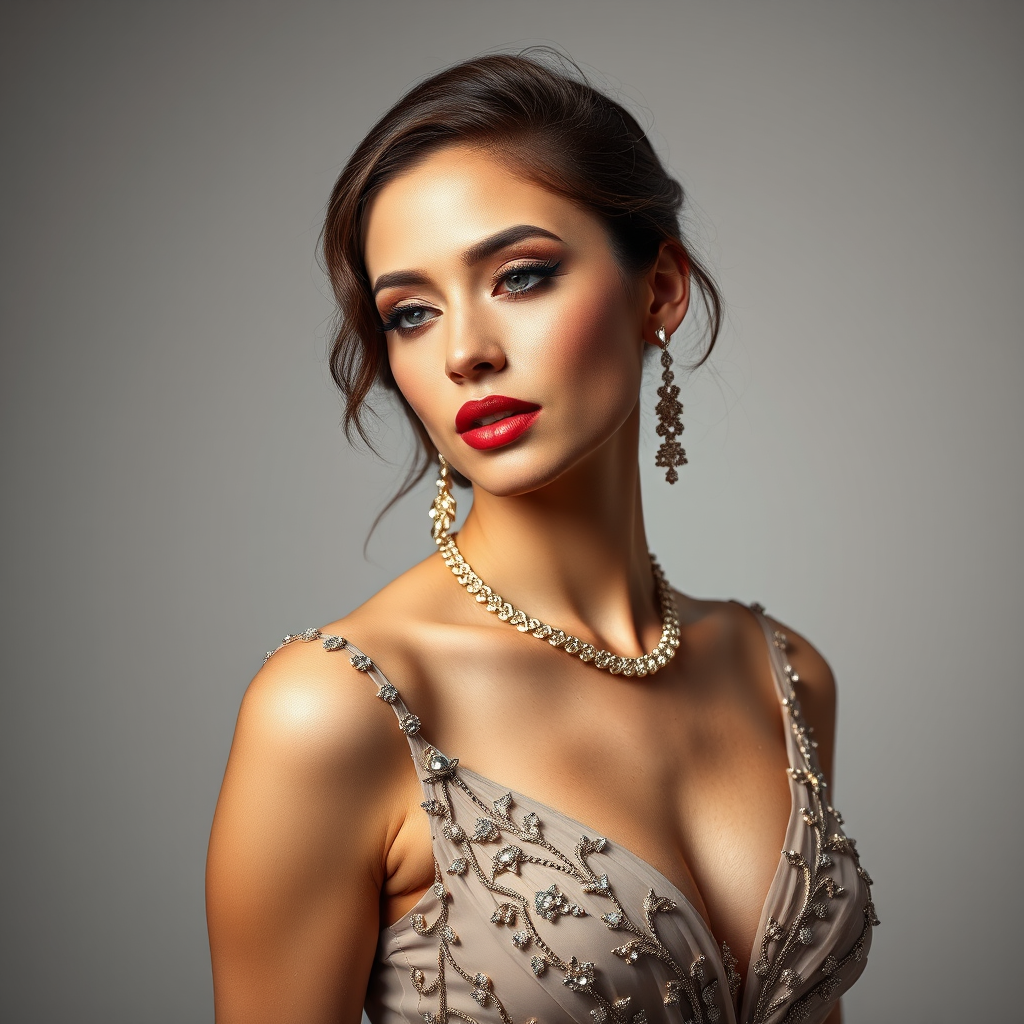 Studio portrait, female model, elegant couture dress, bold makeup, dramatic lighting, Shoot over the shoulder using a telephoto lens to focus on small details like jewelry, makeup, or fabric textures