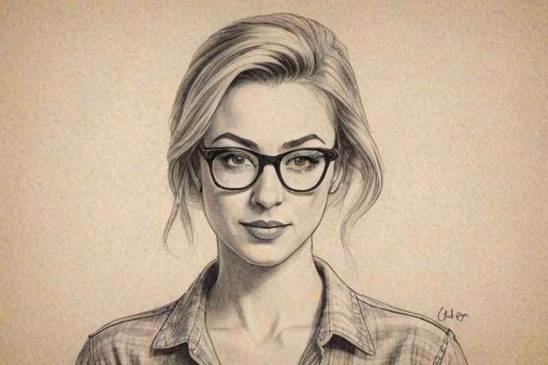 Appealing Iliza Shlesinger, pencil sketch, portrait of Delightful woman 1954s in glasses, hair style beatnik, outline, clear lines, fine lines, 8k