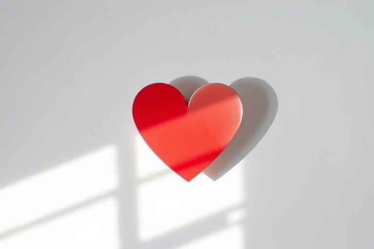 Create an image of a stylized heart shape with a red and white color scheme, captured using a DSLR camera at f/2.8 aperture, ISO 100, and a 50mm lens, in a top-down view with soft natural lighting for enhanced detail and vibrancy.