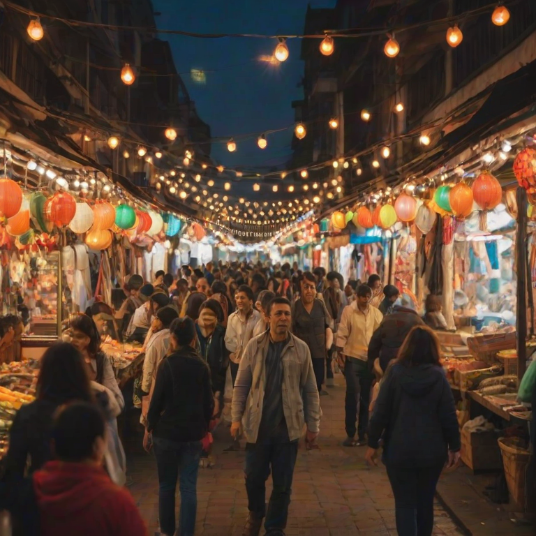Blurry, candid shot of a group of tourists exploring a bustling street market, soft glow from overhead string lights illuminating colorful stalls, the smell of exotic spices filling the air.