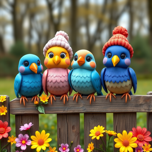 create a scene of 4 quirky  whimsical colourful comical birds each with a funny expression. they are sat on a wooden fence with colourful flowers. they are all different sizes. each one is a different colour  one is wearing a woolly hat. Each one has a different quirky google expression and there is a muted background of trees watercolour paintierly style high definition 8k resolution 3D paper mache