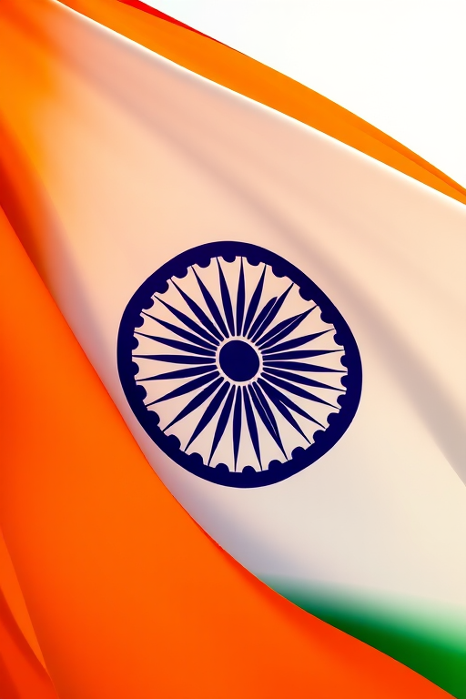 Create a high-resolution image of the Indian flag featuring vibrant saffron, white, and green colors, with a detailed Ashoka Chakra in the center, shot with a DSLR camera at f/8 aperture, ISO 100, 50mm lens, using a bright daylight setting for enhanced clarity and color saturation.