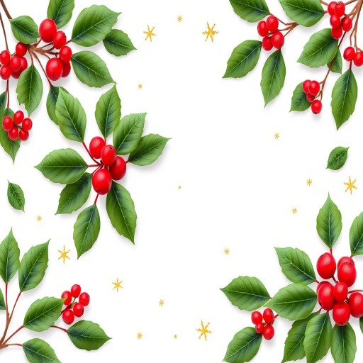 Create a festive holiday border design featuring green leaves and red berries with scattered gold stars and snowflakes on a white background. The composition should be symmetrical with a natural and elegant aesthetic, suitable for seasonal greeting cards or decorations.