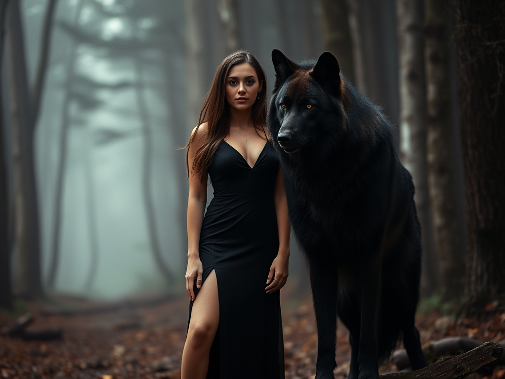 Regenerate the image of a woman in a black dress with a high slit standing next to a large black wolf in a misty forest setting, captured using a Canon EOS R5 with a 50mm f/1.2 lens, aperture set at f/1.2 for a shallow depth of field, ISO 200 for clear detail, and a soft diffused lighting style to enhance the mystical atmosphere.