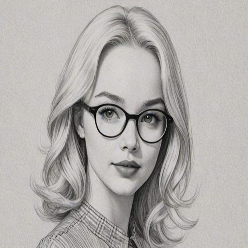 Fetching Dove Cameron, pencil sketch, portrait of Ravishing woman 1957s in glasses, hair style beatnik, outline, clear lines, fine lines, 8k