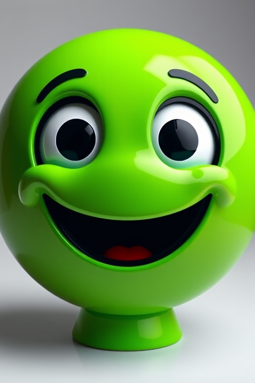 Create a glossy green smiley face icon with large eyes and a wide smile, captured using a Canon EOS R5, 50mm lens, f/2.8 aperture, ISO 100, soft studio lighting, and a slight perspective view to enhance depth.