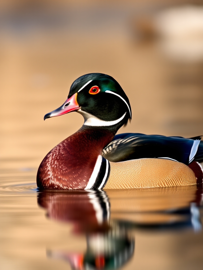 Create an image of a male wood duck floating on calm water with a blurred natural background, using a DSLR camera with a 300mm lens, aperture set to f/2.8, ISO 400, shutter speed 1/500s, in soft natural lighting for enhanced detail and vibrant colors.