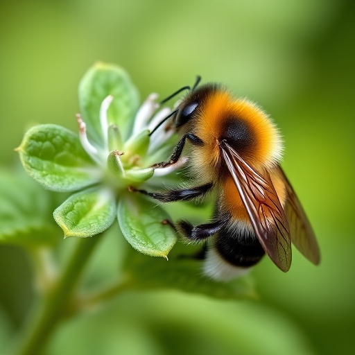 Close-up of a bumblebee on a mint flower, shallow depth of field, ISO 200, f/2.8 aperture, 1/500 sec shutter speed, macro lens, natural light, DSLR camera, vibrant colors, soft background blur.