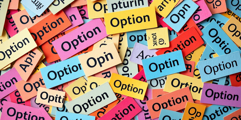 Create a high-resolution image of a chaotic pile of multicolored cards featuring the word "Option" in various fonts and styles, shot with a Canon EOS R5, f/2.8 aperture, 50mm lens, natural lighting, and a top-down view to enhance the clarity and detail of the text.