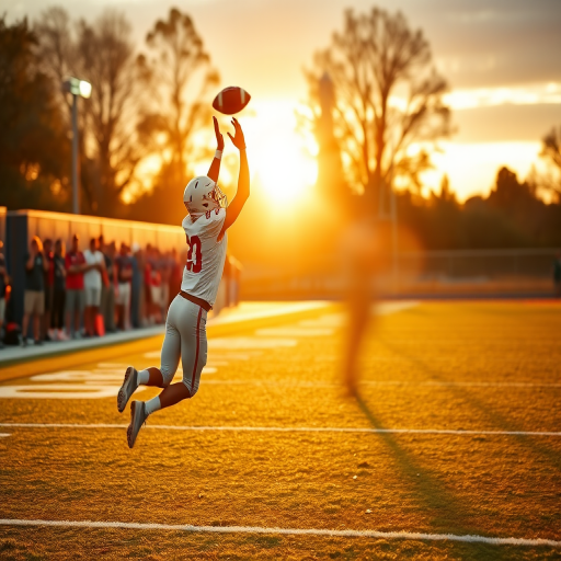 Blurry action shot of a football player catching a pass mid-air, soft golden light from the setting sun casting long shadows on the field, with distant teammates cheering from the sideline.