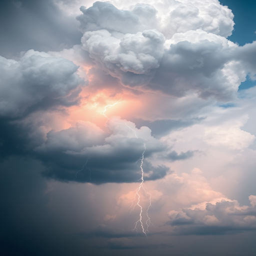 Create a high-resolution digital illustration of a storm cloud with a lightning bolt, using a macro lens with f/2.8 aperture, 50mm focal length, and a shallow depth of field for a soft background effect, captured in bright daylight with enhanced contrast and saturation.