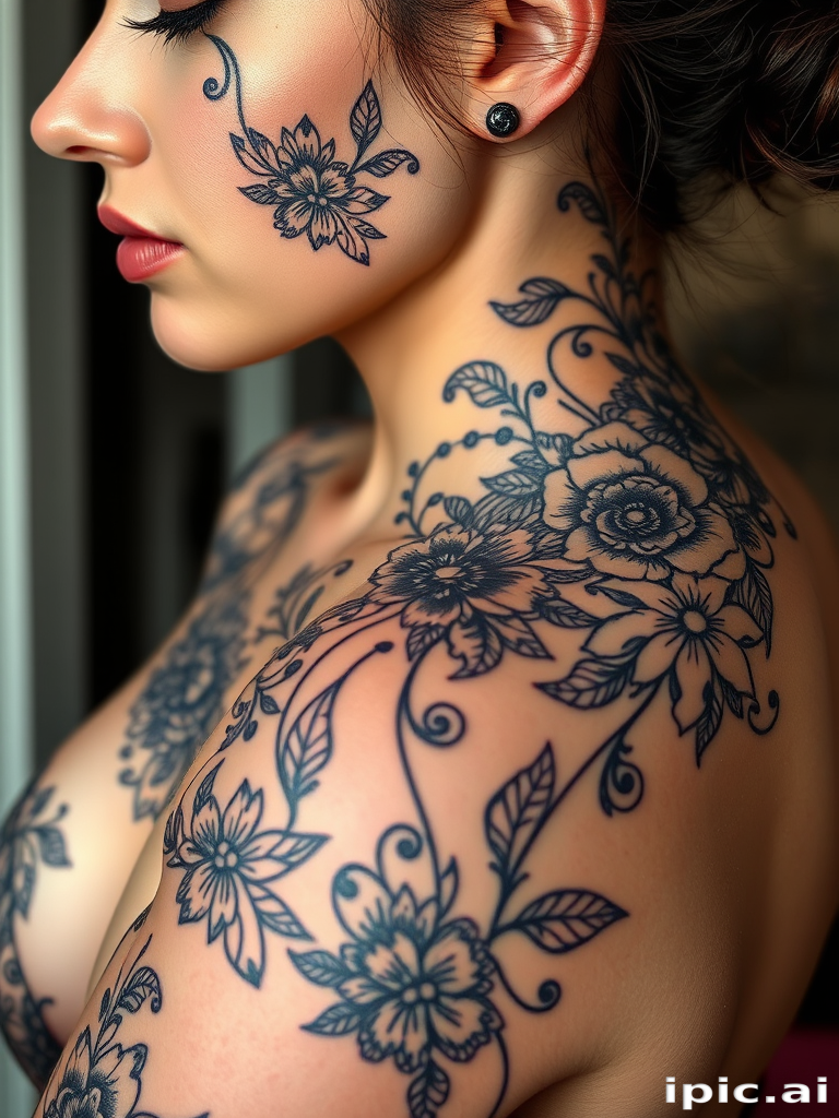 Ornamental blackwork tattoo dubbed "Lace Elegance" featuring delicate floral and filigree patterns inspired by intricate lace designs covering large areas of skin with mesmerizing detail