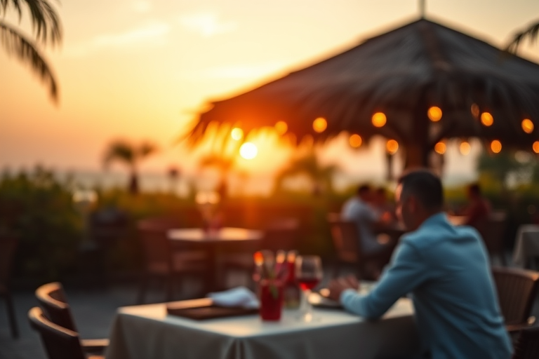 capture a romantic outdoor dining scene during sunset with a focus on a couple at a table under a thatched roof, soft bokeh background; camera settings: aperture f/2.8, shutter speed 1/100s, ISO 400; camera view: eye-level, camera style: cinematic, camera type: mirrorless
