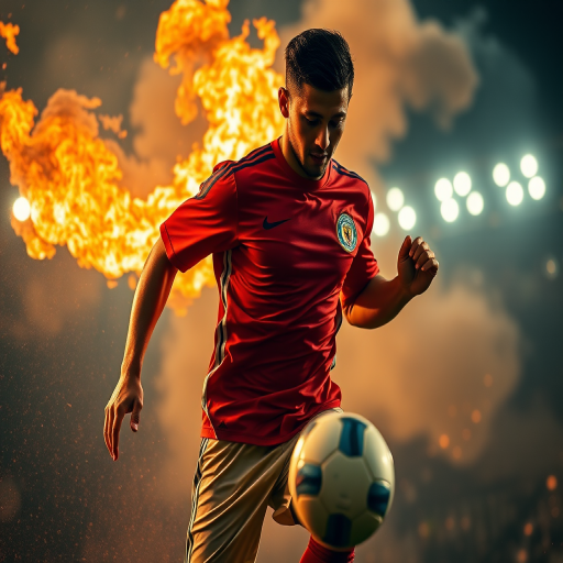 Create an image of a male soccer player in a dynamic pose, surrounded by fiery effects, using a DSLR camera with a 50mm lens, f/1.8 aperture, 1/200s shutter speed, ISO 100, shot from a low angle, with a cinematic style and dramatic lighting to enhance the visual impact.
