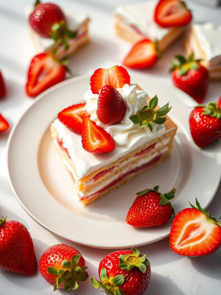 A delicious slice of cake topped with whipped cream and fresh strawberries on a light plate surrounded by more slices and strawberries in a bright setting.