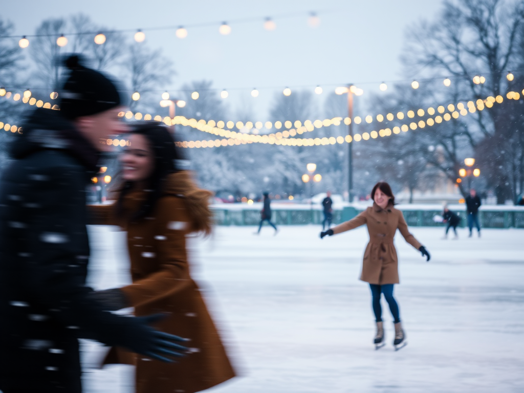 Blurry action shot of a couple ice skating on a frozen pond, with soft snowflakes falling around them and lights strung overhead, casting a warm glow over the scene.