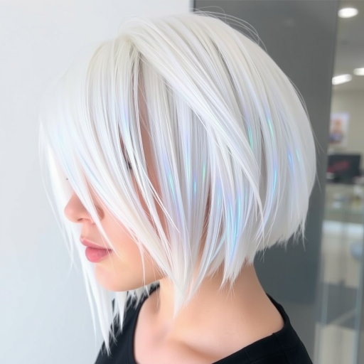 Icy platinum blonde hair cut into a sharp, architectural bob with geometric lines and angles comprises the avant-garde "Frost Prism" style, featuring holographic highlights that shift colors in the light, creating a futuristic and edgy look that pushes the boundaries of traditional hair design