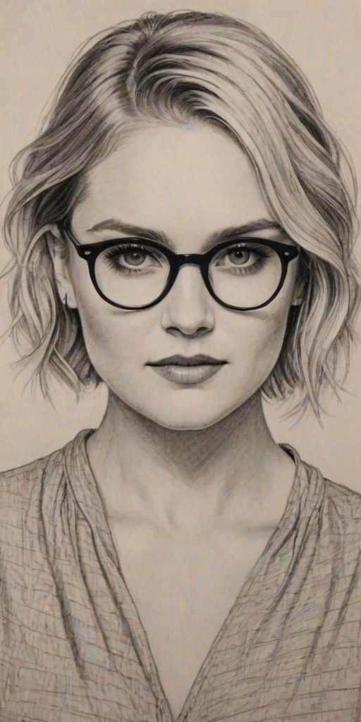 Wonderful Eliza Taylor, pencil sketch, portrait of Ravishing woman 1929s in glasses, hair style beatnik, outline, clear lines, fine lines, 8k