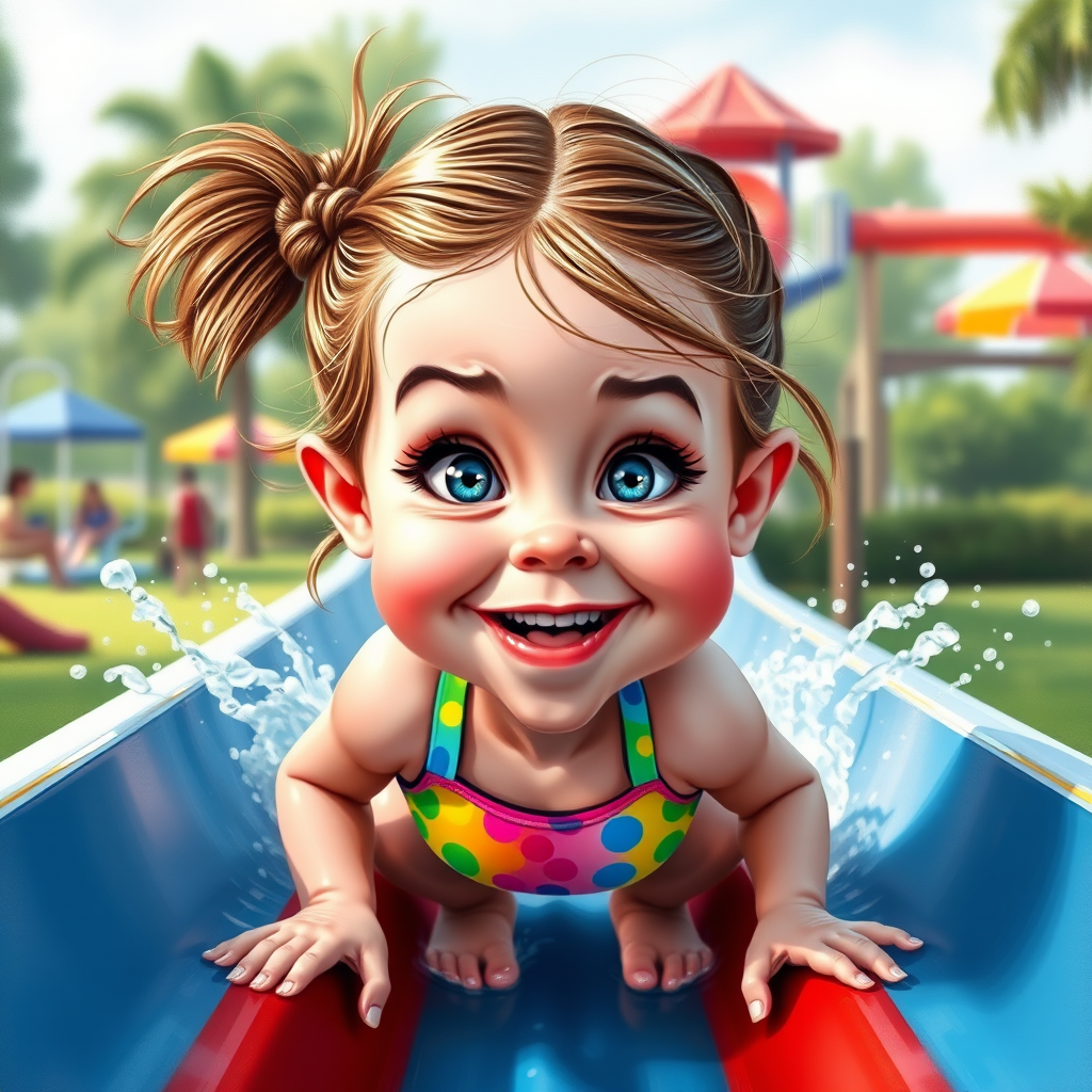 A sassy caricature toddler girl with medium highlighted hair in a messy braid, light eyes, fluffy long lashes, silly funny faces, wearing a colorful swimsuit, going down a waterslide face first, lots of water, created in highlighted chalk style, vibrant colors, background is a park with acrylic paint, airbrush