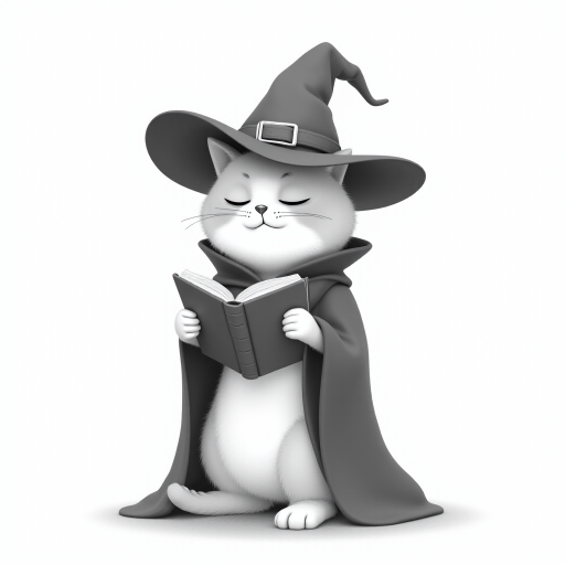 A grayscale illustration of a cat wearing a witch's hat and cloak. The cat is standing on its hind legs and is holding a spellbook in its paws and reading it intently. The hat is tall and pointed, with a wide brim and a pointed top. The cloak is draped over the cat's body, covering its body. The background is plain white, making the cat and the book the focal point of the image.