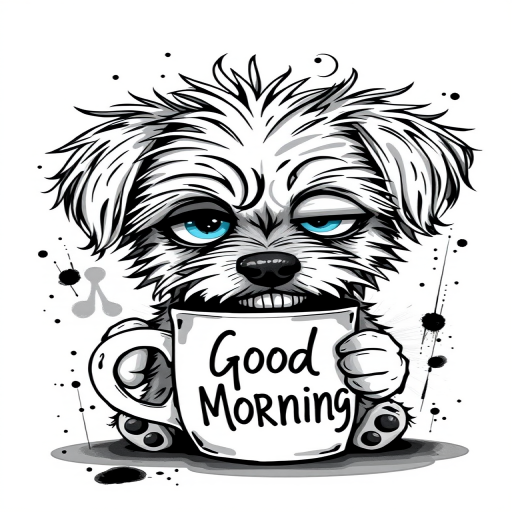 A quirky, artistic illustration of a disheveled peekapoo dog breed with exaggerated, large eyes and spiky fur, holding a coffee mug that reads "Good Morning". The dog has a tired but humorous expression, with ink splatters and abstract details surrounding it, giving a whimsical feel to the image. The color palette is mostly monochrome with hints of blue in the eyes and steam rising from the mug, enhancing the overall sleepy vibe