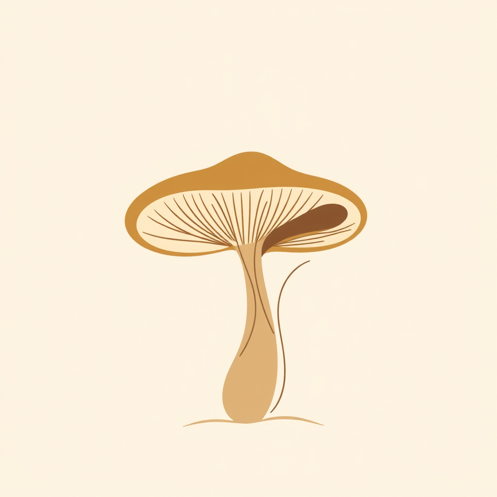 Create a minimalist abstract illustration of a mushroom with curved lines and shapes in earthy tones on a light beige background, captured with a 50mm lens at f/2.8, ISO 100, in natural light, using a DSLR camera for enhanced detail and clarity.