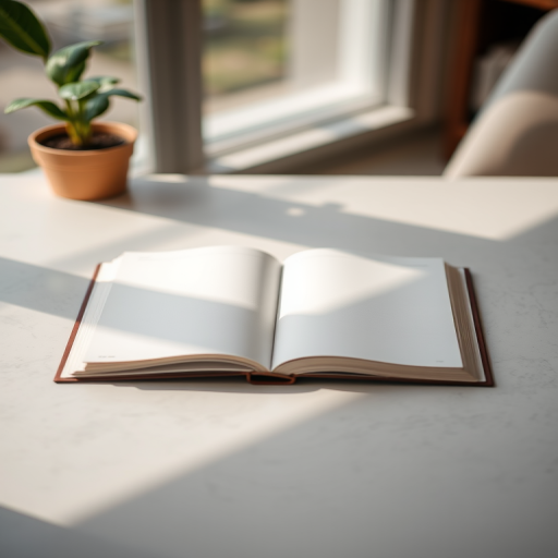 open blank book on a flat surface with natural lighting, taken with a DSLR camera at f/2.8 aperture, 50mm lens, ISO 100, shallow depth of field, top-down view for clarity and detail, soft focus background