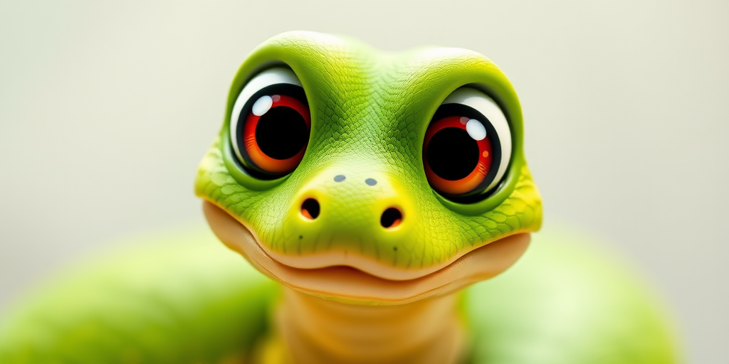 Create a vibrant cartoon image of a green snake with large expressive eyes and a playful personality, using a Canon EOS 5D Mark IV with a 50mm lens, f/1.8 aperture, ISO 100, in a bright studio setting for enhanced image quality.