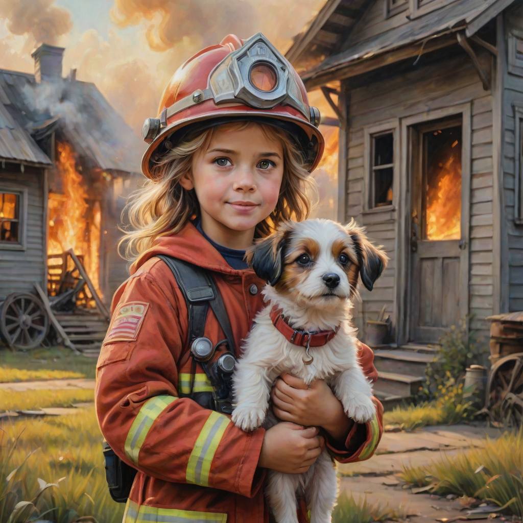 airbrushed oil painting, pixar style, cute little girl in fireman gear, helmet, tousled hair, expressive eyes, standing in the doorstep of a cottage burning behind him, holding a cute little dog in her arm, atumn sky