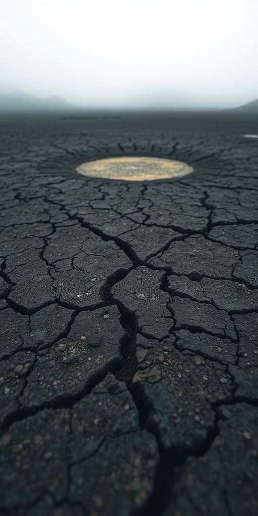 desolate landscape with a cracked earth surface and a faint luminous circular area surrounded by mist, captured with a Canon EOS R5, 50mm lens, f/1.8, ISO 100, with a soft focus effect and low-angle shot to enhance depth and clarity