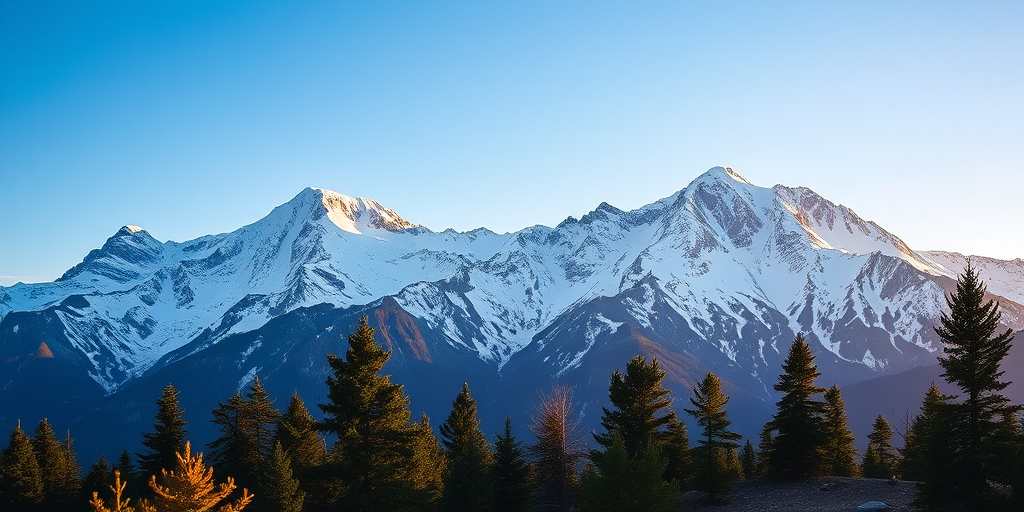 capture a majestic mountain landscape with snow-capped peaks under a clear blue sky, foreground with evergreen trees, use a full-frame DSLR camera, ISO 100, aperture f/11, shutter speed 1/200 sec, golden hour lighting for a warm tone, wide-angle lens for expansive view