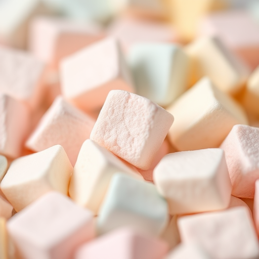 close-up shot of soft marshmallows in assorted pastel colors, shallow depth of field, natural light, macro lens, ISO 200, f/2.8, 50mm lens