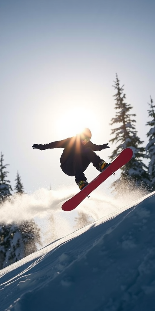 Generate a high-resolution image of a dynamic snowboarding silhouette performing a jump, using a DSLR camera with a 50mm lens, aperture set to f/2.8, ISO 200, shutter speed 1/1000s, in a side view to capture motion and energy.