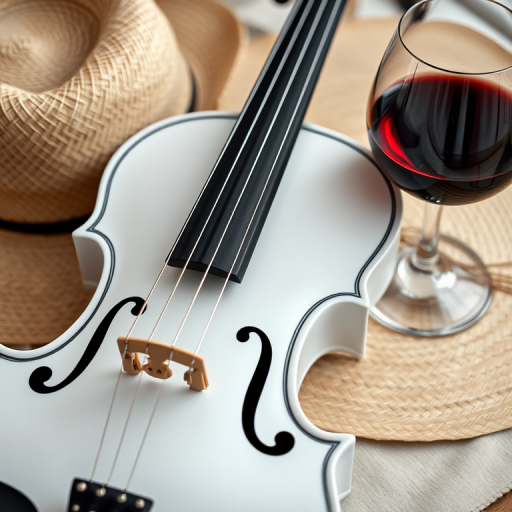 a close-up shot of a white violin with black strings, a straw hat beside it, and a glass of red wine, soft natural lighting highlighting the textures, shot with a Canon EOS R5 at f/2.8, ISO 100, 50mm lens, shallow depth of field, lifestyle photography style