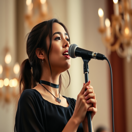 A young woman singing into a microphone on stage, wearing a black outfit with a choker, soft focus background with chandeliers, natural lighting, 50mm lens, f/1.8 aperture, ISO 200, shutter speed 1/200s, shot with a DSLR camera.