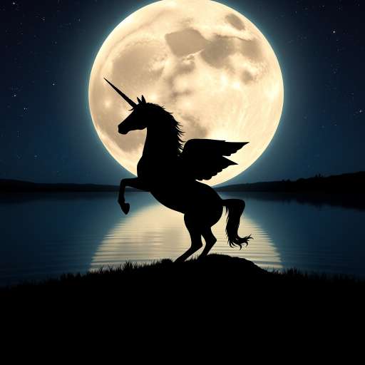 Create a silhouette of a unicorn rearing against a large full moon reflecting on water with a starry night sky in the background, shot with a DSLR camera at f/2.8, ISO 100, 1/125s, using a wide-angle lens for a dramatic perspective.