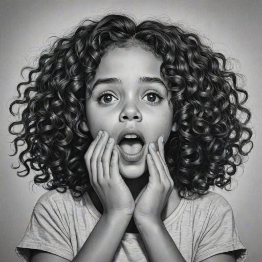 The image is a black and white illustration of a young girl with curly hair. She has a surprised expression on her face with her mouth open and her hands clasped together in front of her chest. Her eyes are wide and her eyebrows are furrowed. Her hair is styled in loose curls that are cascading down her back. The overall mood of the image is one of shock or surprise.