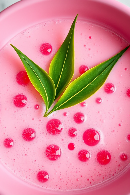 Capture an overhead shot of a pink bowl filled with translucent red bubbles in coconut milk, garnished with pandan leaves, natural light, aperture f/2.8, shutter speed 1/125, ISO 100, macro lens, DSLR camera.