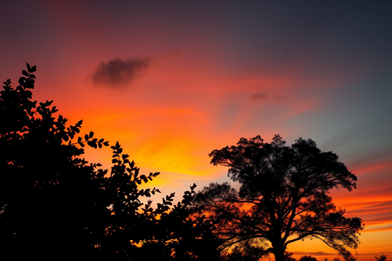 Create a high-resolution image of a silhouette of a tree against a sunset sky, using a DSLR camera with a 50mm lens, aperture f/1.8, ISO 100, 1/200 sec exposure, taken from a low angle to capture vibrant colors in the sky.