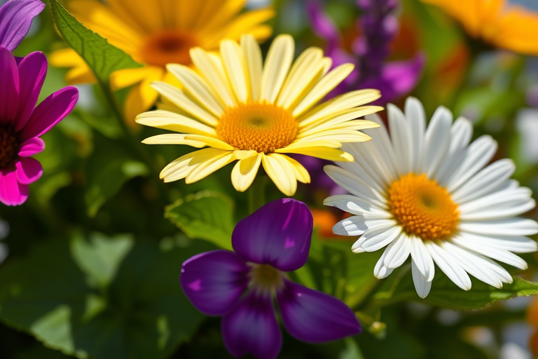 Close-up shot of vibrant flowers including a white and yellow daisy, a purple flower, and green leaves, natural sunlight, 50mm lens, f/2.8 aperture, ISO 100, shallow depth of field, DSLR camera, macro photography style.