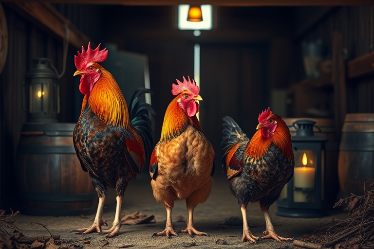 Create a rustic still-life scene featuring two vibrant roosters and a hen in a dimly lit barn, surrounded by vintage lanterns and wooden barrels, using a Canon EOS R5 camera with a 50mm lens, aperture set to f/1.8 for shallow depth of field, ISO 200, and a warm color temperature to enhance the cozy atmosphere.