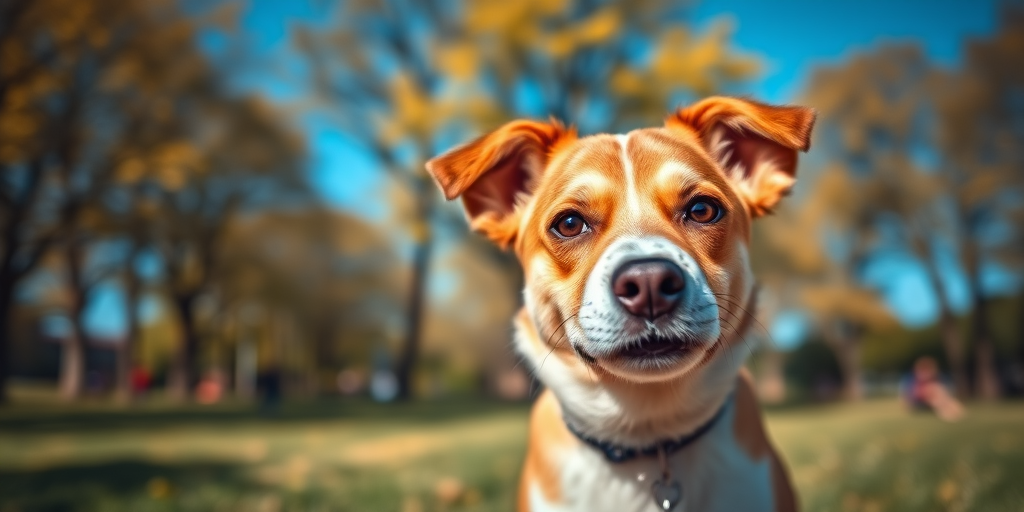 Regenerate the image of a cute dog in a sunny park with a vibrant blue sky, using a Canon EOS R5 camera, 50mm lens, aperture f/1.8, ISO 100, and a shallow depth of field to create a soft background blur.