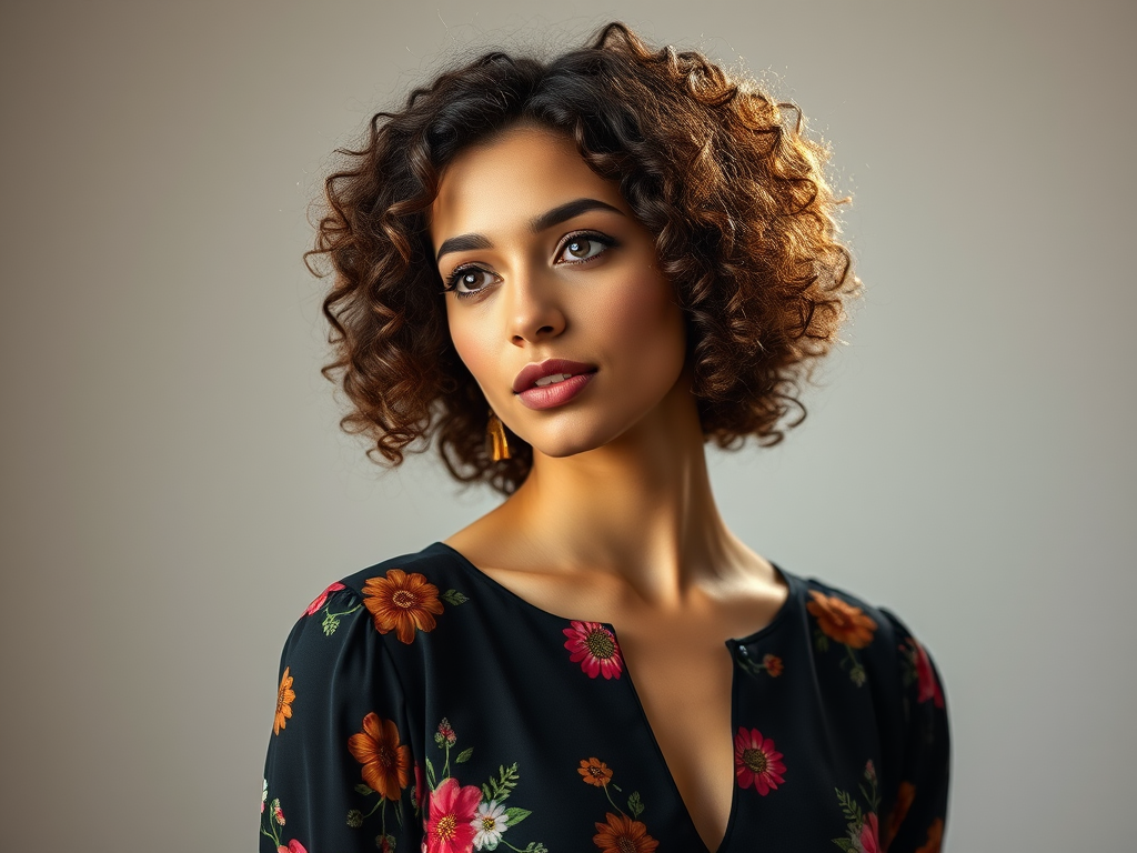 Generate a portrait of a woman with curly hair, wearing a black dress adorned with colorful floral patterns, captured in soft natural light, using a 50mm lens, aperture set to f/1.8 for shallow depth of field, with a slight tilt to create dynamic composition, shot in a studio setting with neutral background.