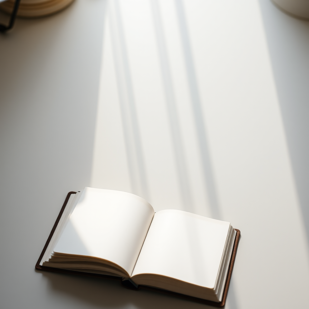 open blank book on a minimalist table with soft natural lighting, camera settings: ISO 100, f/2.8, shutter speed 1/125s, camera view: top-down, camera style: shallow depth of field, camera type: DSLR
