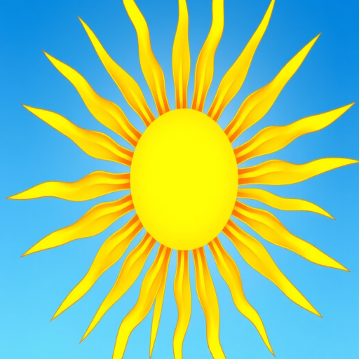 Create a vibrant illustration of a sun with rays extending outward, bright yellow color, high resolution, captured with a DSLR camera at f/8 aperture, ISO 100, 1/200 sec shutter speed, using a macro lens for enhanced detail, in a clear blue sky background.