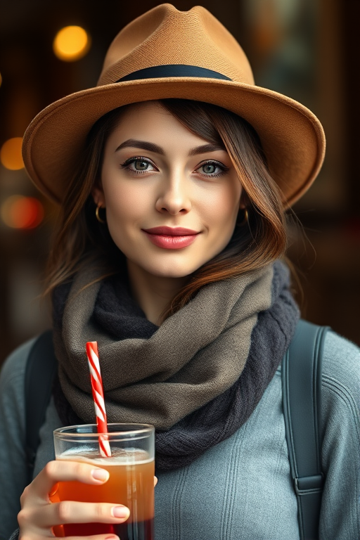 portrait of a young woman wearing a stylish hat and scarf, holding a drink, natural light, shallow depth of field, 50mm lens, f/1.8 aperture, ISO 200, soft bokeh background, captured with a DSLR camera at eye level