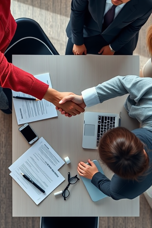 create an overhead view of two people shaking hands over a table with documents and a laptop, using a DSLR camera with a 35mm lens, aperture f/5.6, ISO 200, and a focal length of 24mm, with high saturation and contrast for enhanced image quality.